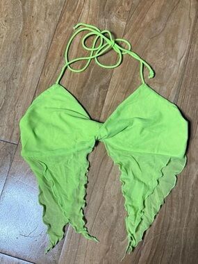 Women's Neon Lime Triangle Halter Top with Scallop Edge